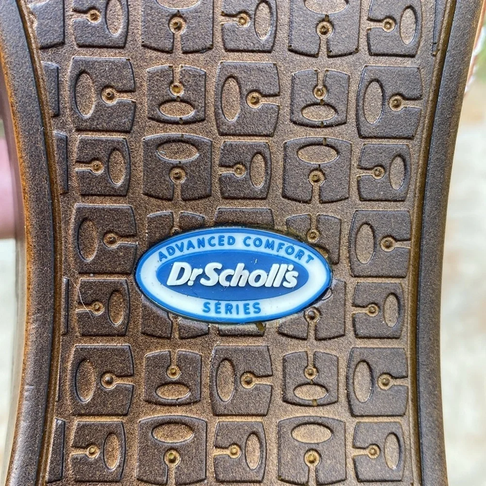 Dr. Scholls faux wood slip on sandals colorful stripe gold tone buckle womens 9